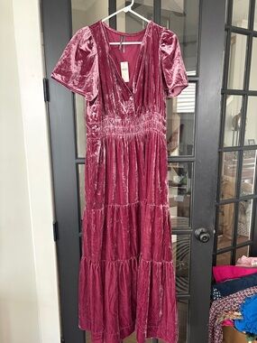 Anthropologie Velvet Tiered Maxi Dress - Rose Pink